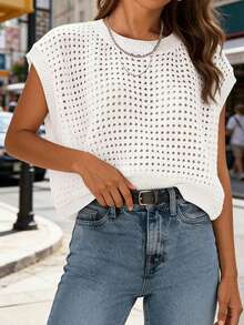 Womens Beach Cover Ups Summer Shirts Crochet Cap Sleeve Sweater Pullover Cute Crew Neck Hollow Out Spring Tops - 白色 - 查看 2