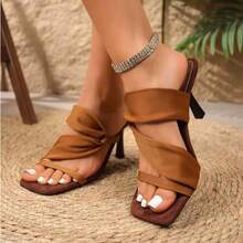 Sandalias de tacón alto de satén marrón caramelo con estilo retro francés, sandalias con diseño de lazo, suaves pero lujosas, elevan instantáneamente tu apariencia, adecuadas para el transporte diario, citas, compras y fiestas - Marrón - Ver 5