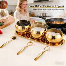 Luxury Gold & Silver Stainless Steel Spice Jars | Crystal Knob Lid + Spoon | 3-Piece Kitchen Seasoning Container Set + Base - Multicolor - View 13