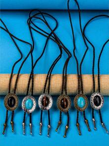 1pc Tiger Eye Stone Triangle Pendant Necklace Bolo Tie, Unique Stylish Western Cowboy Necktie Accessory, Versatile Matching - Multicolor - View 6