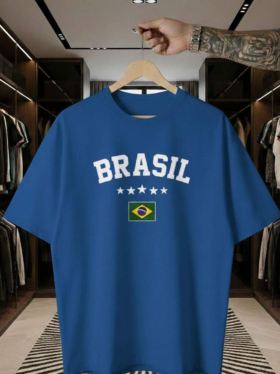 Unisex T-Shirt Supporting The Brazilian National Football Team, Green And Yellow, Short Sleeve, Men's And Women's, 100% Cotton, Casual, Crew Neck - 寶藍色 - 查看 1