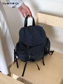 2026 New Korean & Japanese Style Large Capacity Bow Plaid Casual Backpack, Fashion College Student Commuter Bag - Navy Blue - View 2