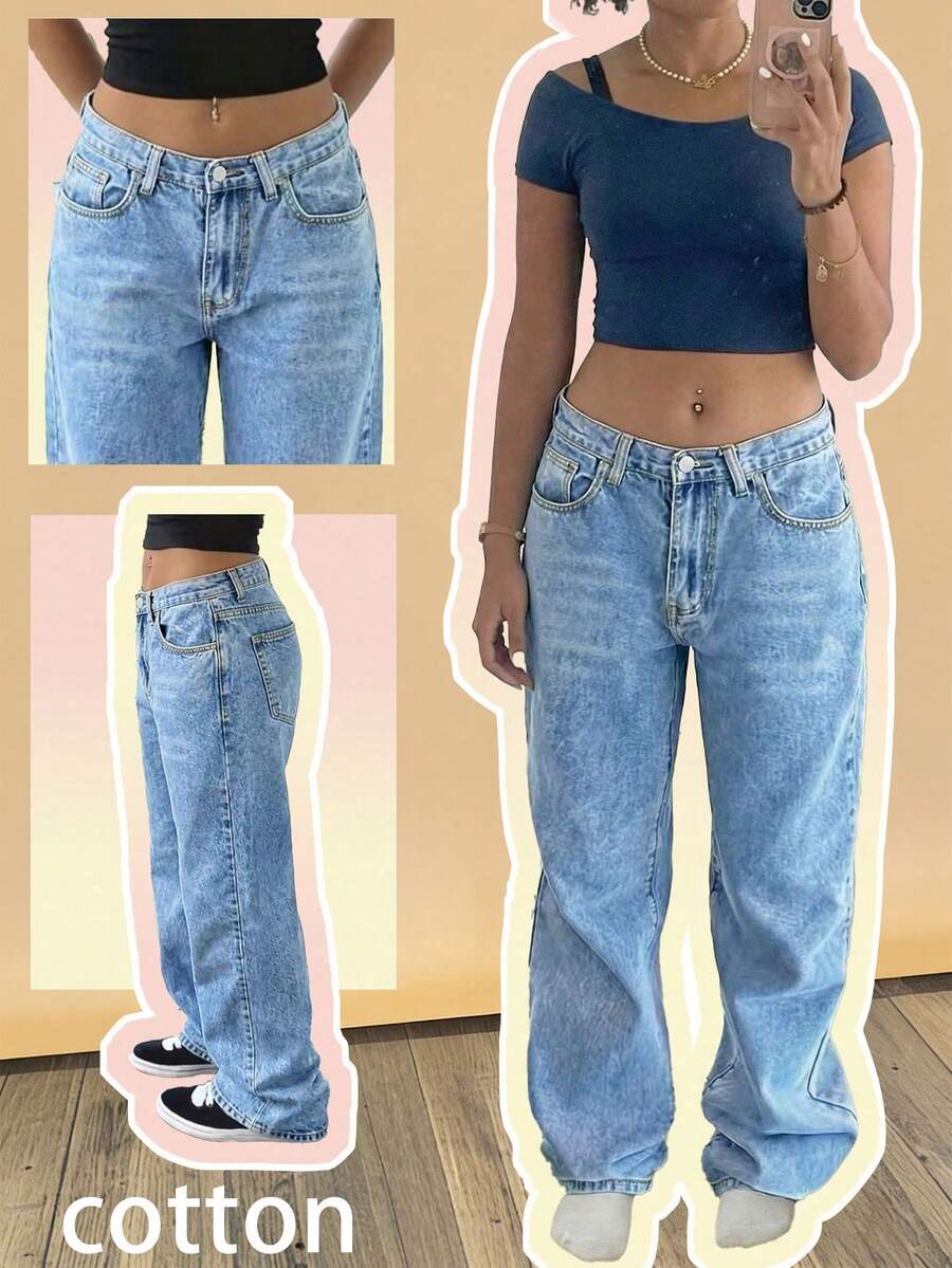Women's Loose Fit Straight Leg Jeans With Pockets