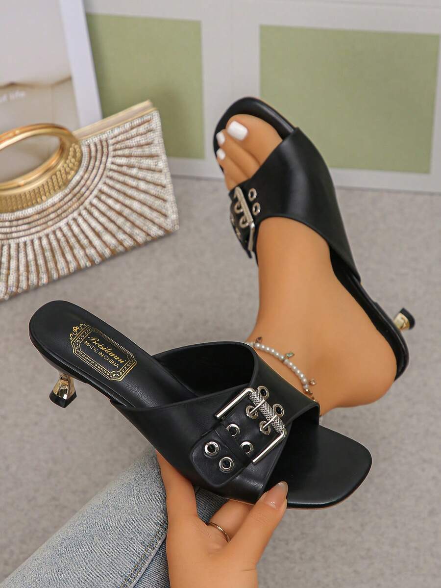 Mẫu sandal cao gót mũi nhọn, kiểu dáng gợi cảm, hai hàng khuy kim loại, khóa đôi, thích hợp cho các bữa tiệc, thời trang nữ, mẫu mới nhất năm 2026. - màu đen - Xem 1