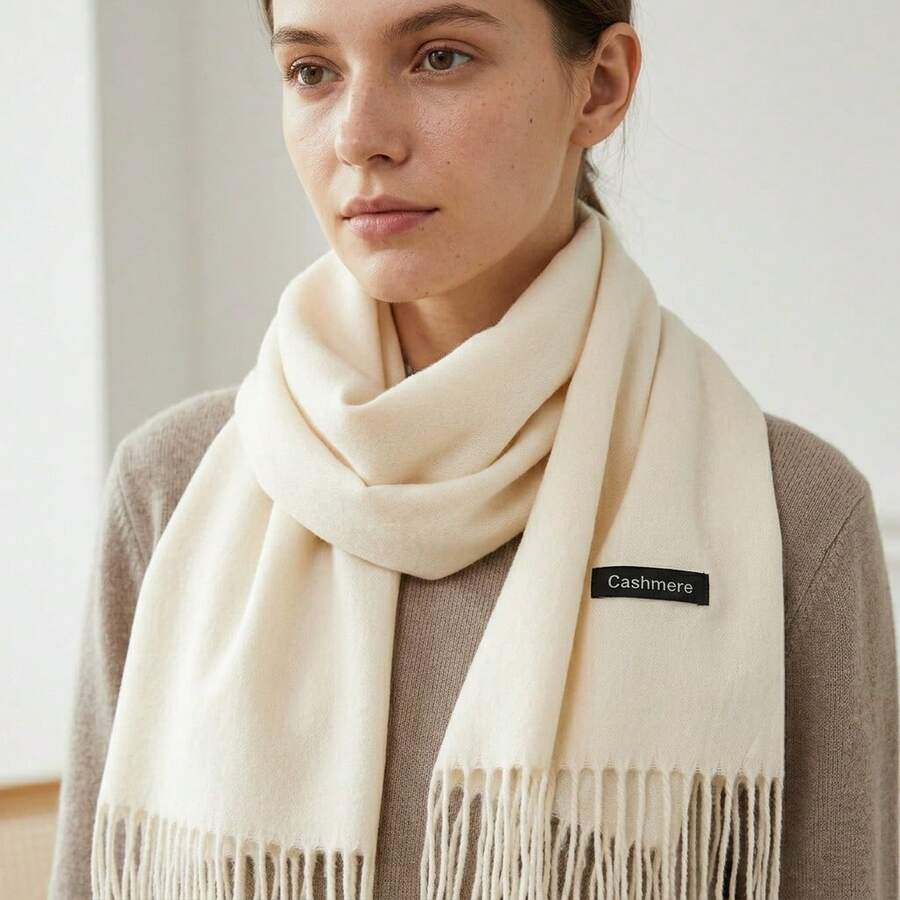 Unisex Solid Color Winter Scarf With Fringe, Classic Style. Long And Thick Faux Cashmere Scarf For Women And Men. Warm And Soft Accessory Ideal For Cold Days. Wind Protection For Daily Use And Leisure. Versatile Piece That Matches Various Autumn And Winter Looks. Available In Several Colors To Complete Your Style With Elegance And Comfort. - 白色 - 查看 1