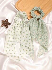 3 piezas Bufanda de gasa de unicolor con borlas de frutas, accesorios de poliéster de estilo bohemio retro casual con patrón geométrico, adecuado para todas las estaciones, accesorios de viaje, sujetadores de coleta, bandas elásticas para el cabello, scrunchies, cuerda para el cabello, festival, cumpleaños - verde menta - Ver 2