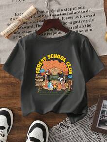1 pieza Camiseta de manga corta casual de cuello redondo con estampado de animales del bosque para niños "Forest School Club" - Gris Oscuro - Ver 5