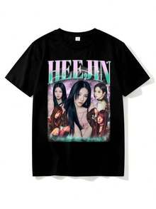Camiseta de manga corta para hombre con estampado fotográfico de HEEJIN, artículo de apoyo a los fans. Camiseta informal y holgada para mujer, con estampado, cuello redondo y mangas cortas; ideal para el verano y el uso diario. - Negro - Ver 1