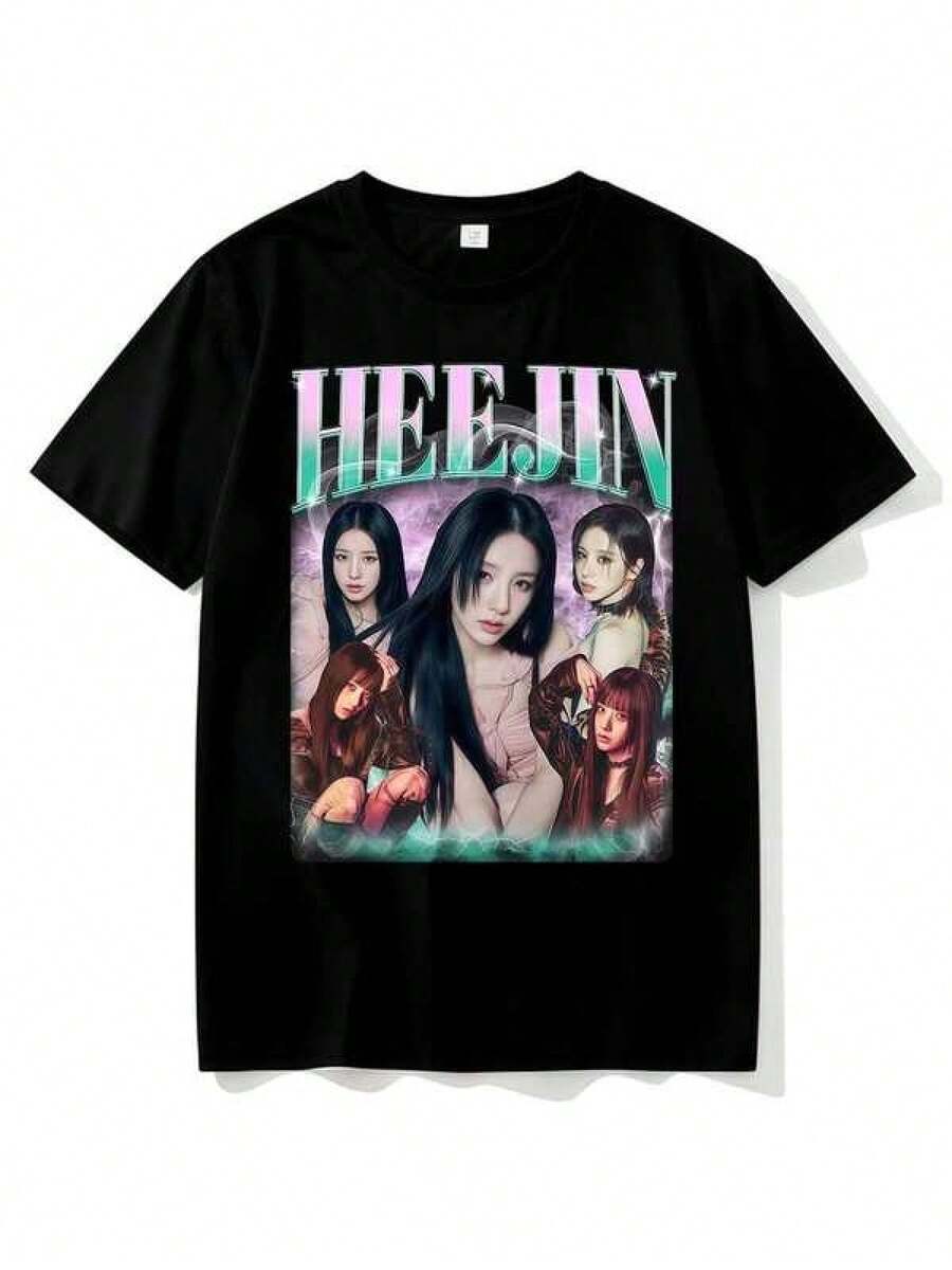 Camiseta de manga corta para hombre con estampado fotográfico de HEEJIN, artículo de apoyo a los fans. Camiseta informal y holgada para mujer, con estampado, cuello redondo y mangas cortas; ideal para el verano y el uso diario. - Negro - Ver 1