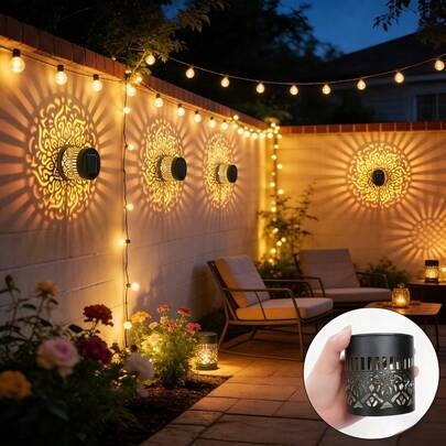 2 đèn tường năng lượng mặt trời ngoài trời, đèn trang trí chiếu rỗng cho sân hiên, hàng rào, sân vườn.