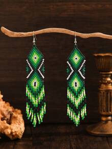 Bông tai đính cườm thủ công, bông tai kiểu cổ điển, phong cách Bohemian, thích hợp đeo hàng ngày cho nữ, quà tặng ngày Lễ Tạ ơn. - Hoa tai tua rua xanh - Xem 3