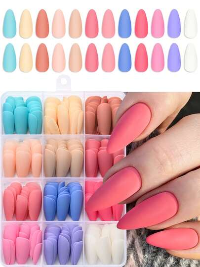 288片杏仁形短款美甲贴片，12格，哑光材质，全覆盖，12种纯色，适合美甲DIY