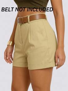 Women's Solid Color Casual Shorts With Pockets (No Belt) Summer - Khaki - View 1