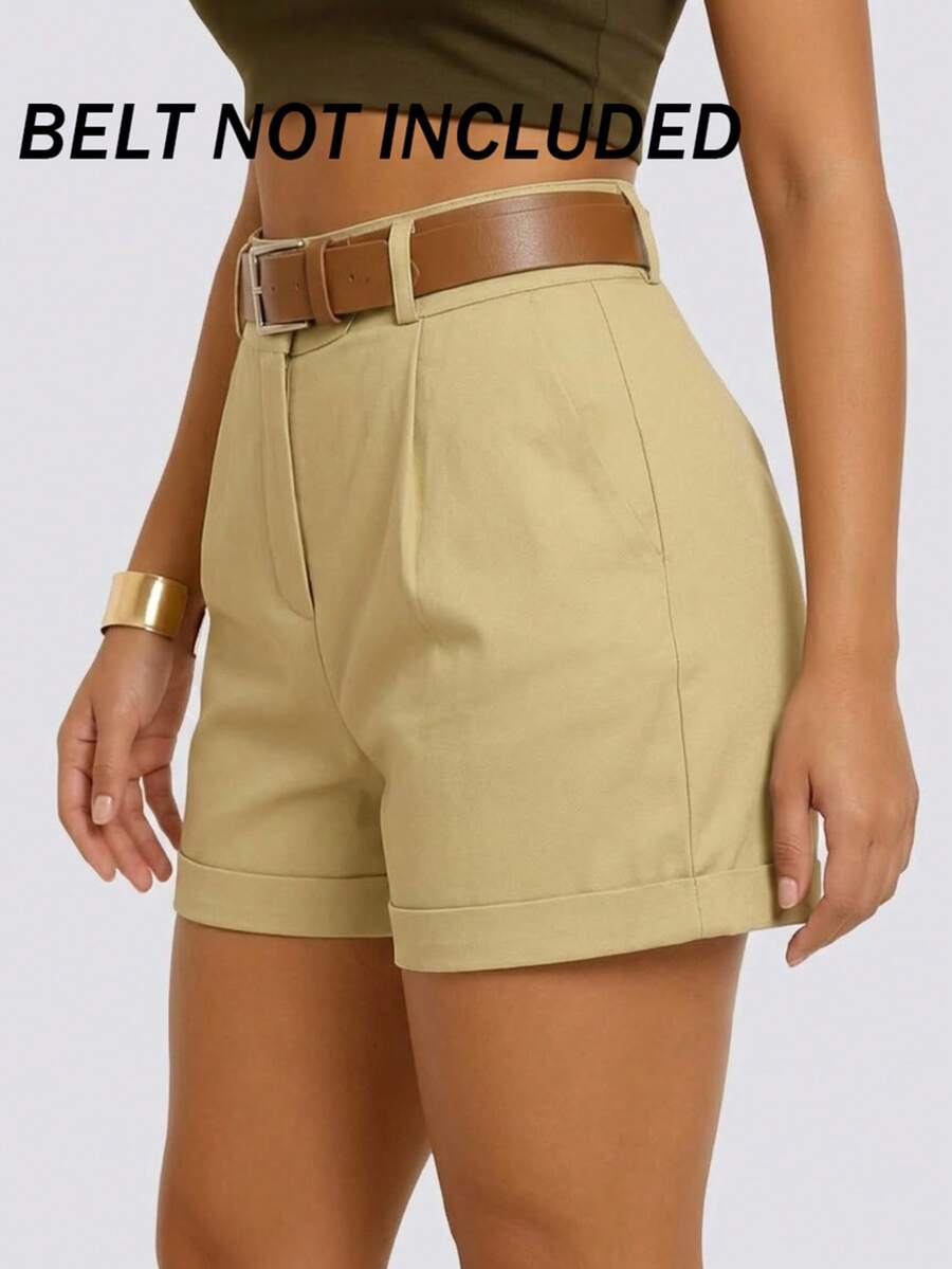 Women's Solid Color Casual Shorts With Pockets (No Belt) Summer - Khaki - View 1
