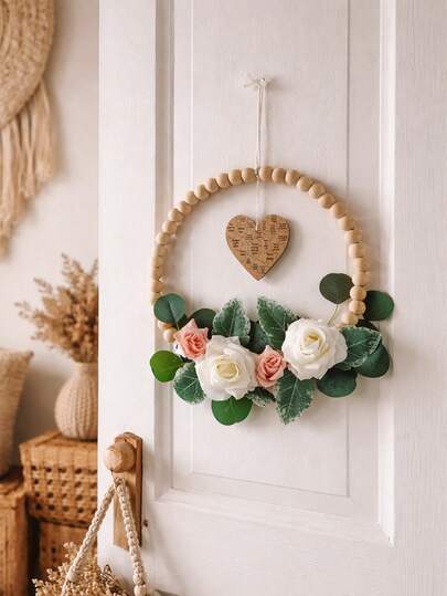 1pc Bohemian Floral Door Loop, Rustic Style Wheat Rack Heart-Shaped Decoration, Bohemian Home Decoration, Elegant Rose And Eucalyptus Leaf Floral Embellishments, Mother's Day Front Door Decoration, Porch, Living Room, Balcony, Warm Home