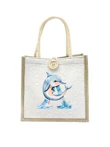 1pc Linen Handbag With Cute Dolphin Letters A-Z, Ditsy Floral Linen Button Decorative Handbag, Portable Travel Beach Handbag, Swimming Gear Storage, Button Embellished Handbag, Simple Large Capacity Handbag, Portable Casual Storage Handbag, Multifunctional Shopping Bag, Gifts For Family, Friends, Loved Ones, And Teachers, Unique Birthday Gifts, Holiday Gifts, Party Gifts, Mother's Day Gifts, Wedding Gifts, Back-To-School Gifts - Multicolor - View 22