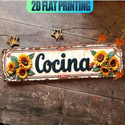 1 chiếc biển trang trí nhà bếp bằng kim loại kiểu Tây Ban Nha cổ điển | Biển hiệu nhà bếp mộc mạc với họa tiết hoa hướng dương, chữ màu vàng bạc, nhẹ, kích thước 15.7x3.9 inch, thích hợp cho nhà ở, quán cà phê, hiên nhà.