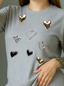 Conjunto de Dos Piezas Mujer Estilo Deportivo Moderno, Outfit Cómodo y Versátil Con Estampado De Corazon - Gris - Ver 3