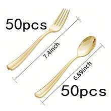 100/50/20/30件套豪华金色餐具套装，不锈钢材质，包含6件刀、叉、沙拉叉、勺、甜点勺，可重复使用，镜面抛光，适用于家庭、厨房、餐厅、酒店、派对、婚礼、乔迁、节日庆典等场合，厨房用具、餐具、厨房配件，精美礼品，日常餐具套装 - 金色 - 查看 15