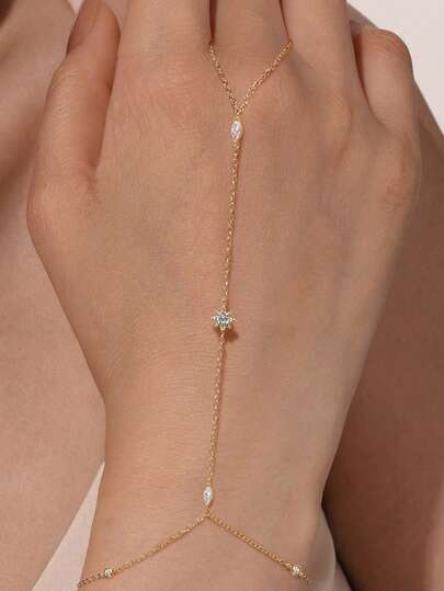 EleRunis 1PC 925 Sterling Silver Dainty Star Ring Bracelet Hand Chain For Women Dainty Cubic Zirconia Bracelet And Ring Chain Body Jewelry Daily Wear Wedding Party Engagement Anniversary Valentine's Day