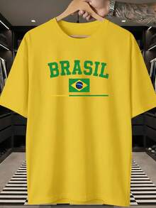 Unisex T-Shirt Supporting The Brazilian National Football Team, Flag, Stripes, Short Sleeve, Men's And Women's, 100% Cotton, Casual, Crew Neck - 黃色 - 查看 1