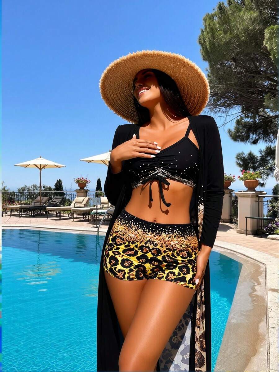 Women's Boxer Shorts Swimsuit 3 Piece Set - Printed Bikini Swimsuit With Cover Up - Floral Beachwear For Women - Quick Dry Two Piece Swimsuit Set - 彩色 - 查看 1