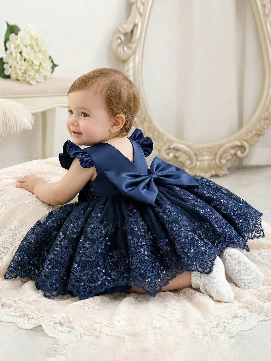 Cute Baby Girl Casual Minimalist Navy Blue Round Neck Sleeveless Backless Detachable Bow Tie Dress, Suitable For Birthday Party, Banquet, Performance, Wedding, Prom, Christening, Opening Ceremony And Other Occasions. Suitable For Baby Girls' Daily Wear, School, Travel, Vacation. - 寶藍色 - 查看 1
