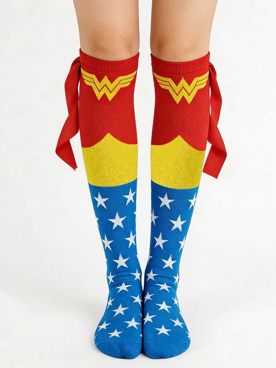 Warner Bros 1 Pair Unisex European & American Style Star Pattern Knee-High Socks, DIY Design, Suitable For Independence Day, Halloween, Holidays And Couples Wear - Multicolor - View 1
