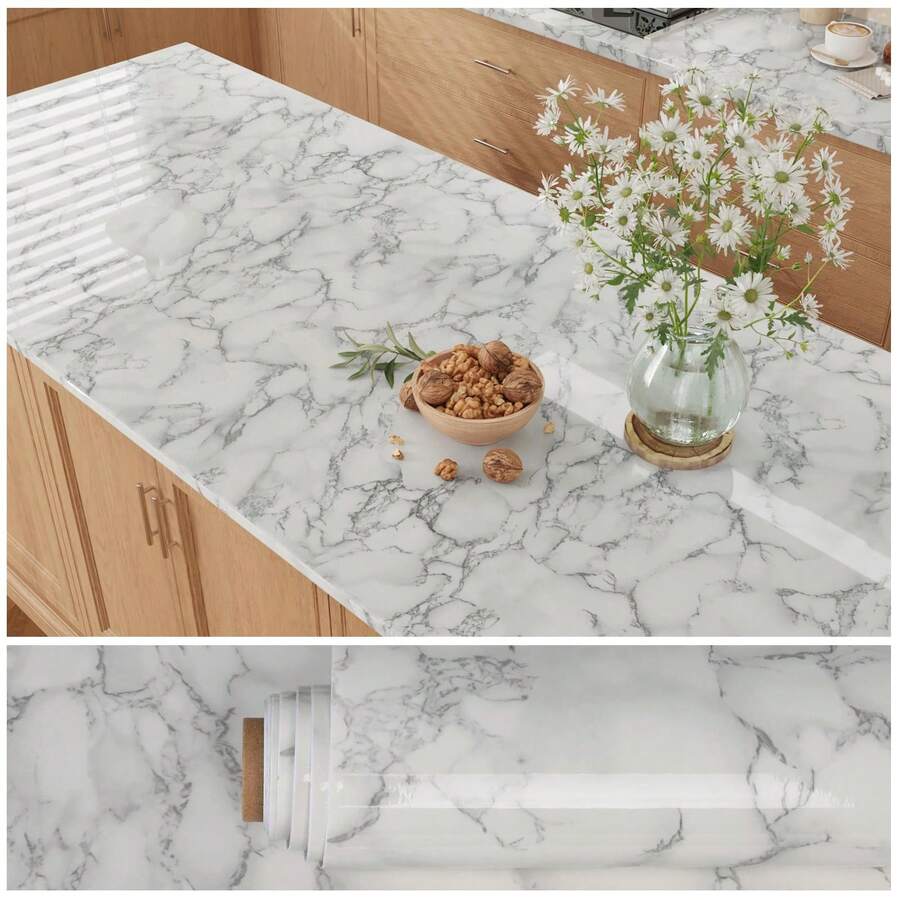 1 Roll Glossy White Grey Marble Contact Paper For Countertops Wallpaper Peel And Stick Waterproof Countertop Contact Paper Marble Wallpaper Self Adhesive Vinyl Counter Top For Kitchen Decor Bathroom Wall Decor Countertop Peel And Stick - Marble - View 1