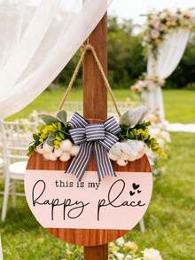 1pc Plaid Bow Welcome Sign, Butterfly Wreath Decor, Suitable For Home, Office, Yard, Farmhouse, Wooden Sign With "This Is Where Our Happy Begins" Text, Striped Bow Rustic Style All-Season Wall Hanging, Suitable As Housewarming Gift - A - View 9