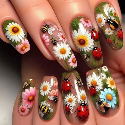 24 móng giả trang trí hình côn trùng và hoa mùa xuân - Móng giả ép màu nude, dụng cụ làm móng, móng giả dài, phong cách Y2K.
