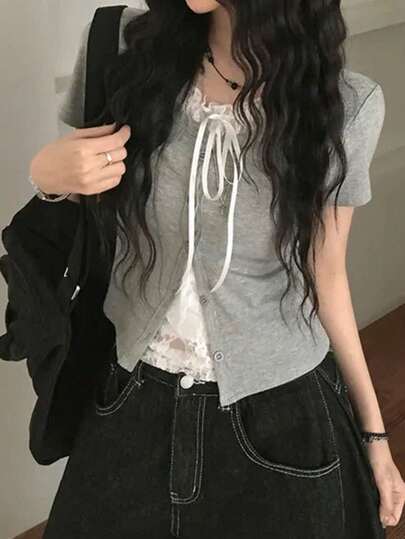 Ballet Lace-Up Short Sleeve T-Shirt Casual Summer