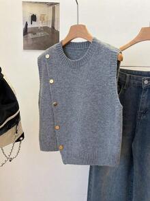1pc Solid Color Short Round Neck Asymmetrical Button Accessory Design Fashion Sleeveless Sweater Vest, Versatile Knit Waistcoat Summer - 灰色 - 查看 4