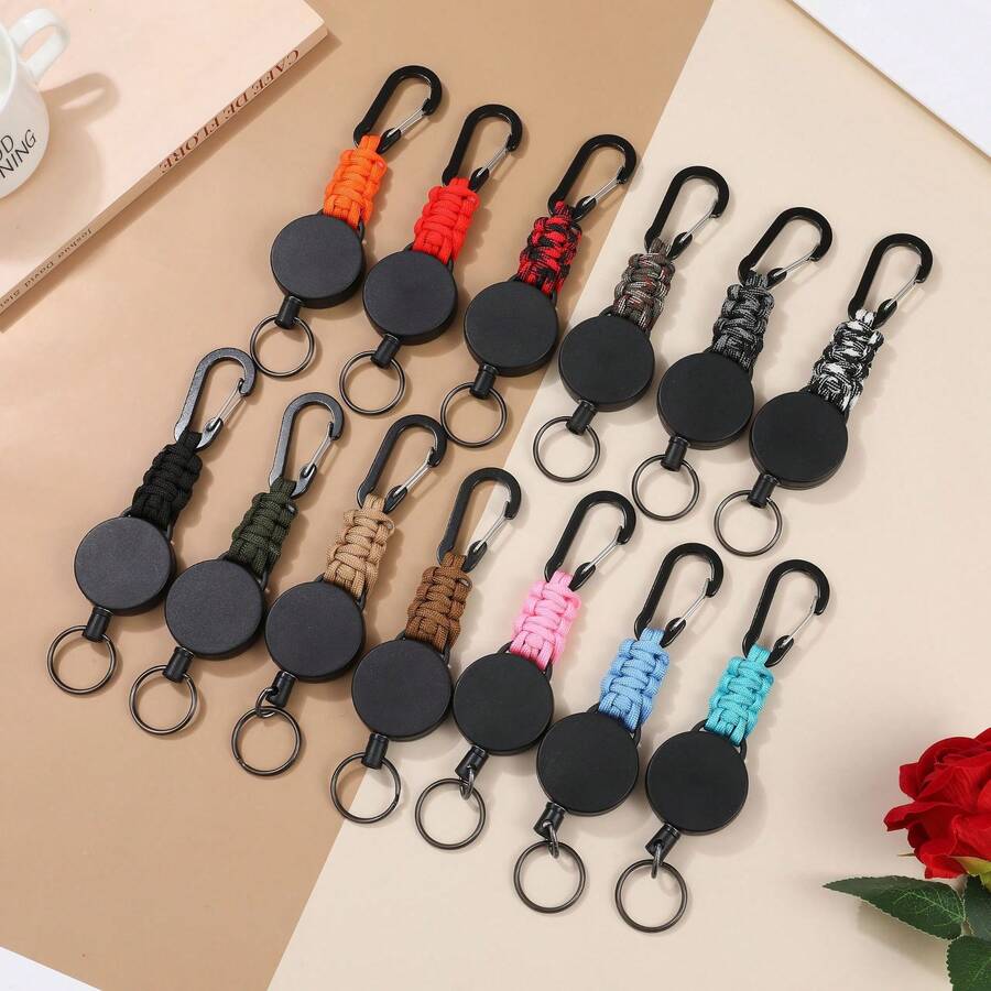 1pc Retractable Carabiner Keychain, Heavy Duty Nylon Rope Anti-Lost ID Card Holder Clip, Suitable For Outdoor Camping And Hiking - Multicolor - View 1