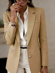 Blazer ligero de tela tejida para mujer, con cuello y mangas largas regulares, adecuado para oficina o uso casual en primavera - Caqui - Ver 5