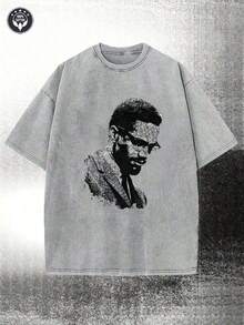2026 Summer TopsWashed, Malcolm X Black And White Portrait Pattern Printed T-Shirt, Spring And Summer Casual Men's T-Shirt, Round Neck Cotton Shor - 深灰色 - 查看 1