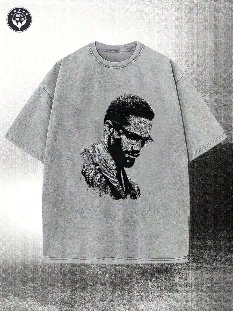2026 Summer TopsWashed, Malcolm X Black And White Portrait Pattern Printed T-Shirt, Spring And Summer Casual Men's T-Shirt, Round Neck Cotton Shor - 深灰色 - 查看 1