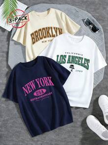 3 chiếc áo thun nữ tay ngắn cổ tròn mùa hè, chủ đề thành phố Mỹ cổ điển, BROOKLYN, NEW YORK, LOS ANGELES, in chữ tối giản, màu trắng thường ngày - trắng - Xem 4