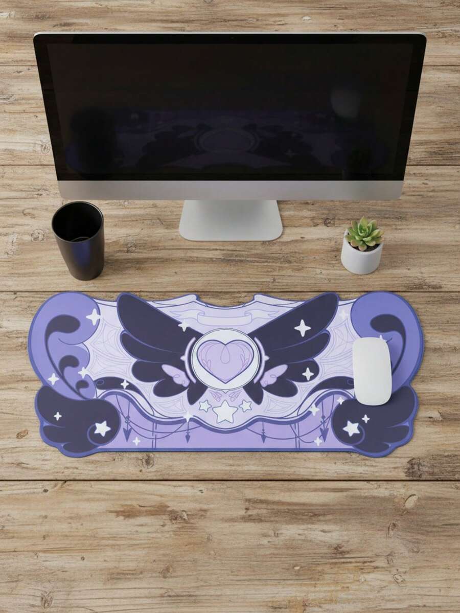 XXXL Extra Large Smooth Full-Coverage Irregular Shaped Gaming Mouse Pad, Waterproof And Non-Slip, 39.37"X19.69", Rubber Base With Fabric Surface, Purple & Black Heart Wing Star Pattern, Oversized Desk Mat For Keyboard & Computer, Compatible With Wired & Wireless Mouse, Office & Home Use, Stylish Gift Idea For Mother's Day - View 1