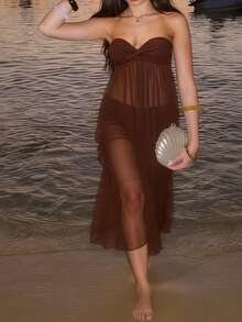 Women's Long Halter Tops Summer Fashionable Solid Color Mesh Patchwork Backless Sleeveless Vest - Coffee Brown - View 4