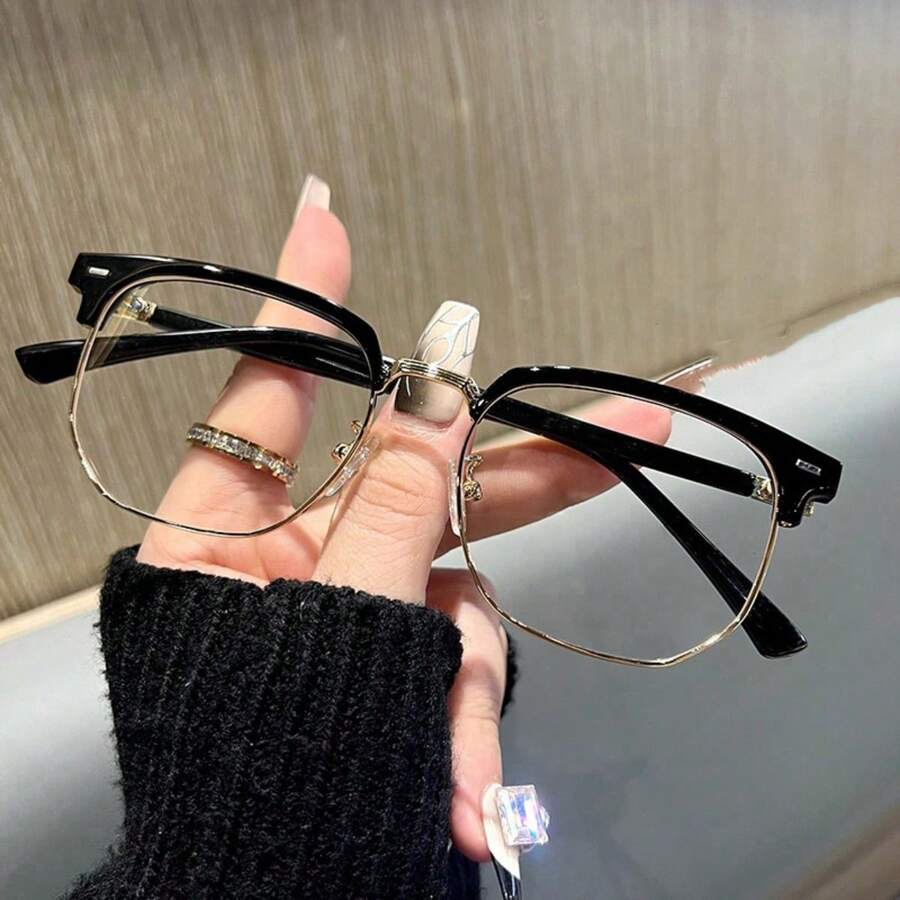 1 Pair Ultra-Light Semi-Metal Frame Glasses, Stylish Large Frame Eyebrow Design Flat Lens Glasses, Suitable For Daily Wear - Black - View 1