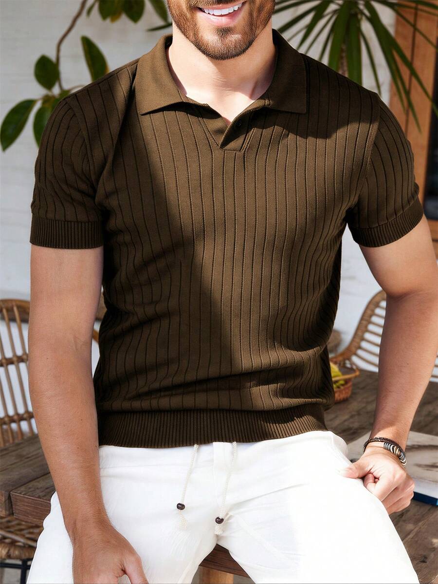 ALTZTAR Men's Loose Fit Thin Solid Color Casual Polo Collar Short Sleeve Ribbed Knit Top - Brown - View 1