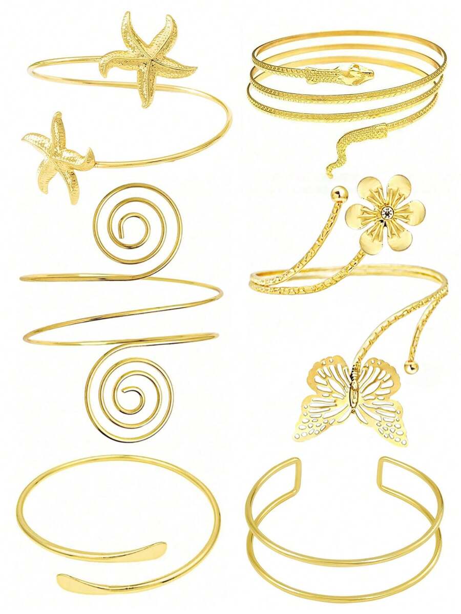 6er Set Metall Armreifen, einzigartiges Seestern Blume Schmetterling stapelbare Armreifen Set für Strandurlaub, Halloween Schmuck - 6PC Gold AT032 - Übersicht 1