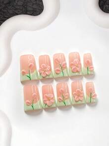 10件套3D立体花卉手工美甲套装，包含凝胶美甲套装、手工制作的五瓣花朵和线条美甲装饰、绿色指甲油，优雅的春夏风格，附赠美甲工具（1个果冻贴纸+1个指甲锉），三种尺寸可选：杏仁形、鸭嘴形、棺材形，适合派对、日常佩戴、拍照、春夏通勤等场合。 - 彩色 - 查看 17