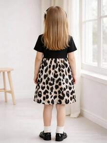 女童二合一拼接连衣裙，黑色罗纹短袖上衣+豹纹喇叭裙，时尚休闲百搭 - 黑色 - 查看 3