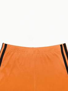 Women's 2 Piece Striped Tracksuit Set - Short Sleeve T-Shirt & High Waist Leggings, Casual Sporty Matching Outfits With Side Stripes, Soft Stretchy Activewear Set For Workout, Lounge, Running & Daily Wear - 桔紅色 - 查看 3