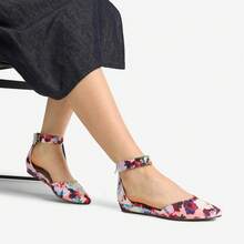 Women Wedge Flats Pointed Toe Ankle Strap Dress Flats Comfortable Elegant Casual Commute Wedding Ballet Flats Shoes - 花/白 - 查看 8