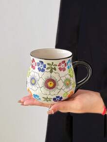 1pc Colorful Floral Design Mug, Hand-Painted Underglaze Flower Mug, Retro Ceramic Cup With High Aesthetic For Girls, Niche Couple Coffee Cup, Gift Mug For Afternoon Tea And Coffee, Suitable For Cafe, Dessert Shop, Office - Multicolor - View 10