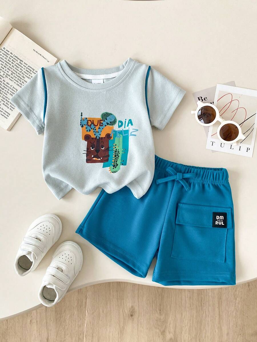 2 Peças Conjunto de Bebê Menino com Top de Manga Curta Gola Redonda com Estampa de Tigre Cartoon e Listras Decorativas Azul Marinho, Combinando com Shorts de Cintura Elástica Azul - Cinza Claro - Visão 1