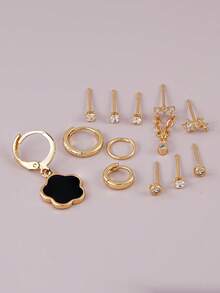 镀金耳骨夹和耳钉套装，饰有四叶草吊坠 – 12 件套女士多孔耳饰，包含耳环和立方氧化锆耳环，独特礼物 - 金黃色 - 查看 5